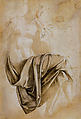 Drapery Study for the Erythraean Sibyl for the Sistine Ceiling (recto); Figure study (verso), Michelangelo Buonarroti (Italian, Caprese 1475–1564 Rome), Black chalk, pen and brown ink, brush and brown wash, over traces of lead point (recto); brush and brown wash, black chalk, pen and brown ink (verso)